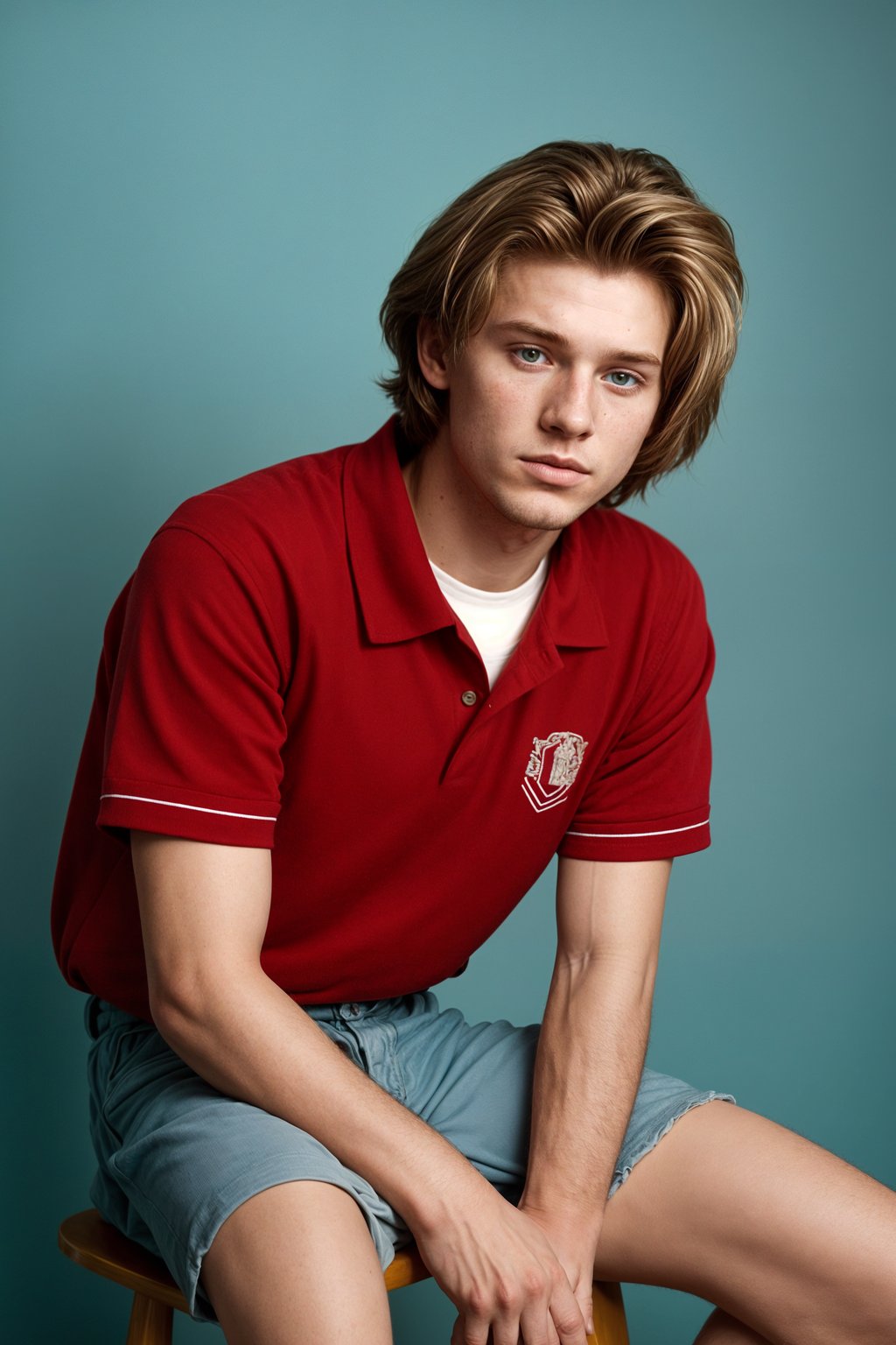 (school portrait) photo headshot of a young 18 y o man in 1990s style, nineties style, 90s, 1990s fashion, 1990s hair, school, man is sitting and posing for a (yearbook) picture, blue yearbook background, official school yearbook photo, man sitting (looking straight into camera), (school shoot), (inside), blue yearbook background