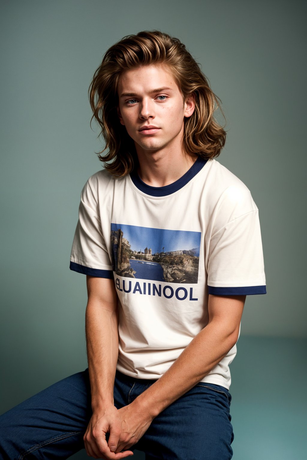 (school portrait) photo headshot of a young 18 y o man in 1990s style, nineties style, 90s, 1990s fashion, 1990s hair, school, man is sitting and posing for a (yearbook) picture, blue yearbook background, official school yearbook photo, man sitting (looking straight into camera), (school shoot), (inside), blue yearbook background