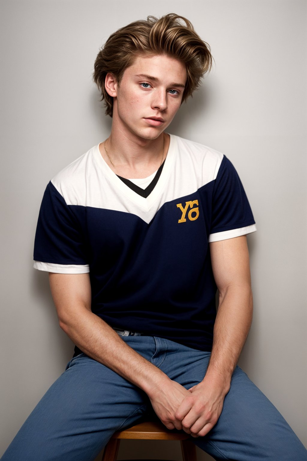 (school portrait) photo headshot of a young 18 y o man in 1990s style, nineties style, 90s, 1990s fashion, 1990s hair, school, man is sitting and posing for a (yearbook) picture, blue yearbook background, official school yearbook photo, man sitting (looking straight into camera), (school shoot), (inside), blue yearbook background