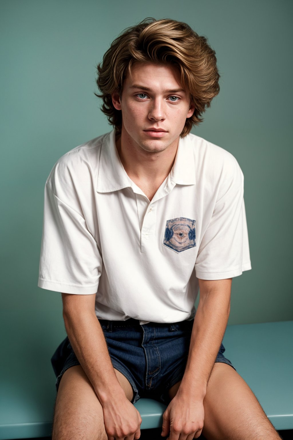 (school portrait) photo headshot of a young 18 y o man in 1990s style, nineties style, 90s, 1990s fashion, 1990s hair, school, man is sitting and posing for a (yearbook) picture, blue yearbook background, official school yearbook photo, man sitting (looking straight into camera), (school shoot), (inside), blue yearbook background