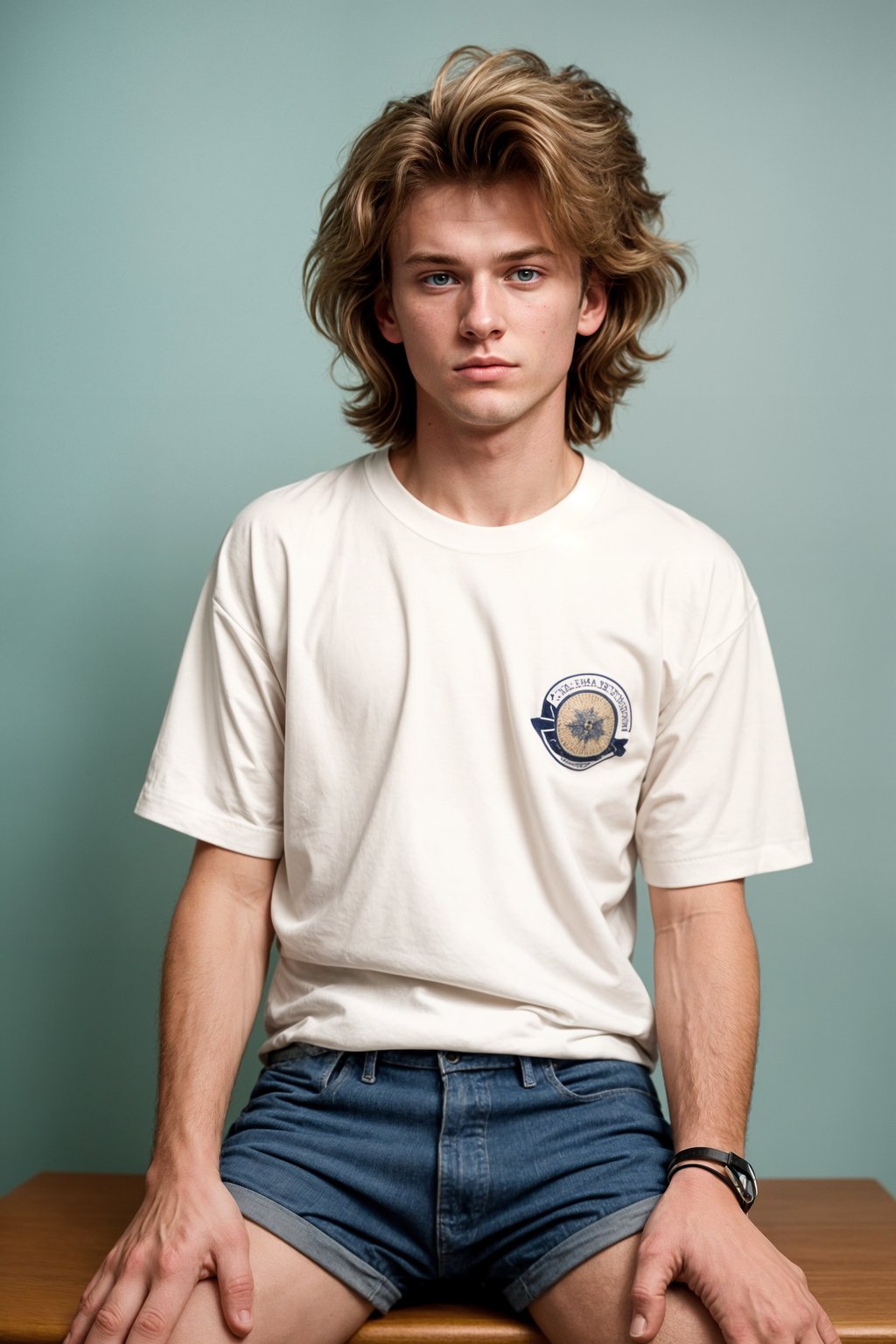 (school portrait) photo headshot of a young 18 y o man in 1990s style, nineties style, 90s, 1990s fashion, 1990s hair, school, man is sitting and posing for a (yearbook) picture, blue yearbook background, official school yearbook photo, man sitting (looking straight into camera), (school shoot), (inside), blue yearbook background