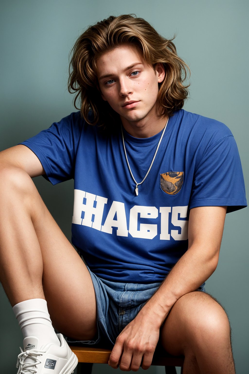 (school portrait) photo headshot of a young 18 y o man in 1990s style, nineties style, 90s, 1990s fashion, 1990s hair, school, man is sitting and posing for a (yearbook) picture, blue yearbook background, official school yearbook photo, man sitting (looking straight into camera), (school shoot), (inside), blue yearbook background