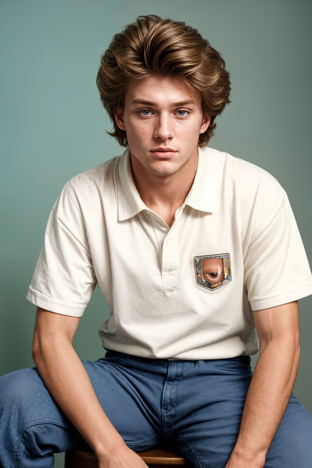 (school portrait) photo headshot of a young 18 y o man in 1990s style, nineties style, 90s, 1990s fashion, 1990s hair, school, man is sitting and posing for a (yearbook) picture, blue yearbook background, official school yearbook photo, man sitting (looking straight into camera), (school shoot), (inside), blue yearbook background