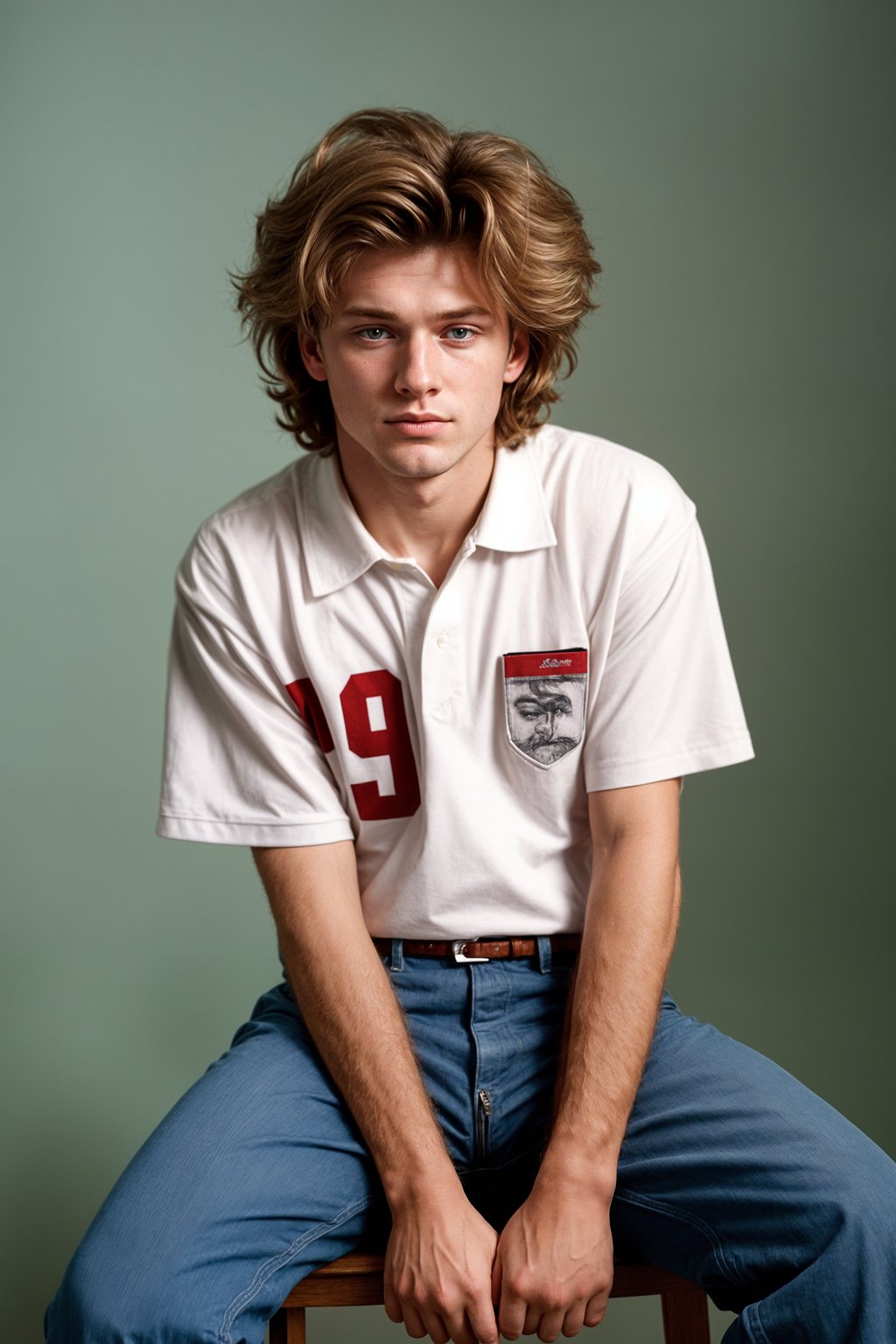 (school portrait) photo headshot of a young 18 y o man in 1990s style, nineties style, 90s, 1990s fashion, 1990s hair, school, man is sitting and posing for a (yearbook) picture, blue yearbook background, official school yearbook photo, man sitting (looking straight into camera), (school shoot), (inside), blue yearbook background