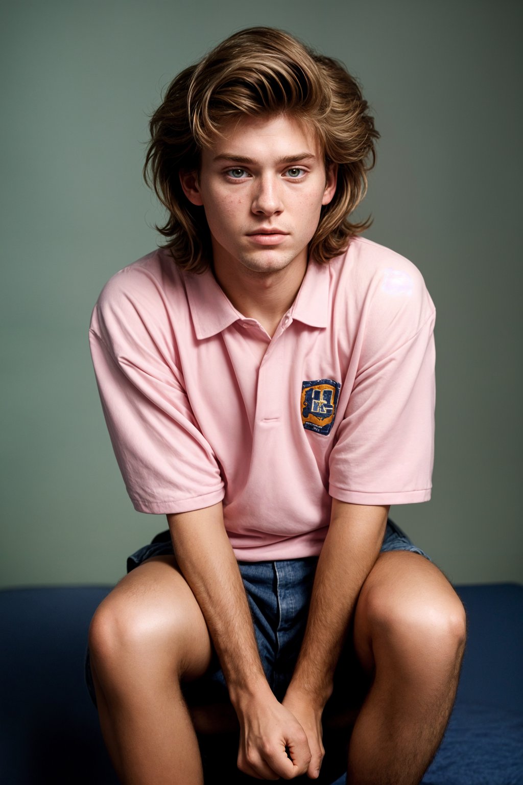 (school portrait) photo headshot of a young 18 y o man in 1990s style, nineties style, 90s, 1990s fashion, 1990s hair, school, man is sitting and posing for a (yearbook) picture, blue yearbook background, official school yearbook photo, man sitting (looking straight into camera), (school shoot), (inside), blue yearbook background