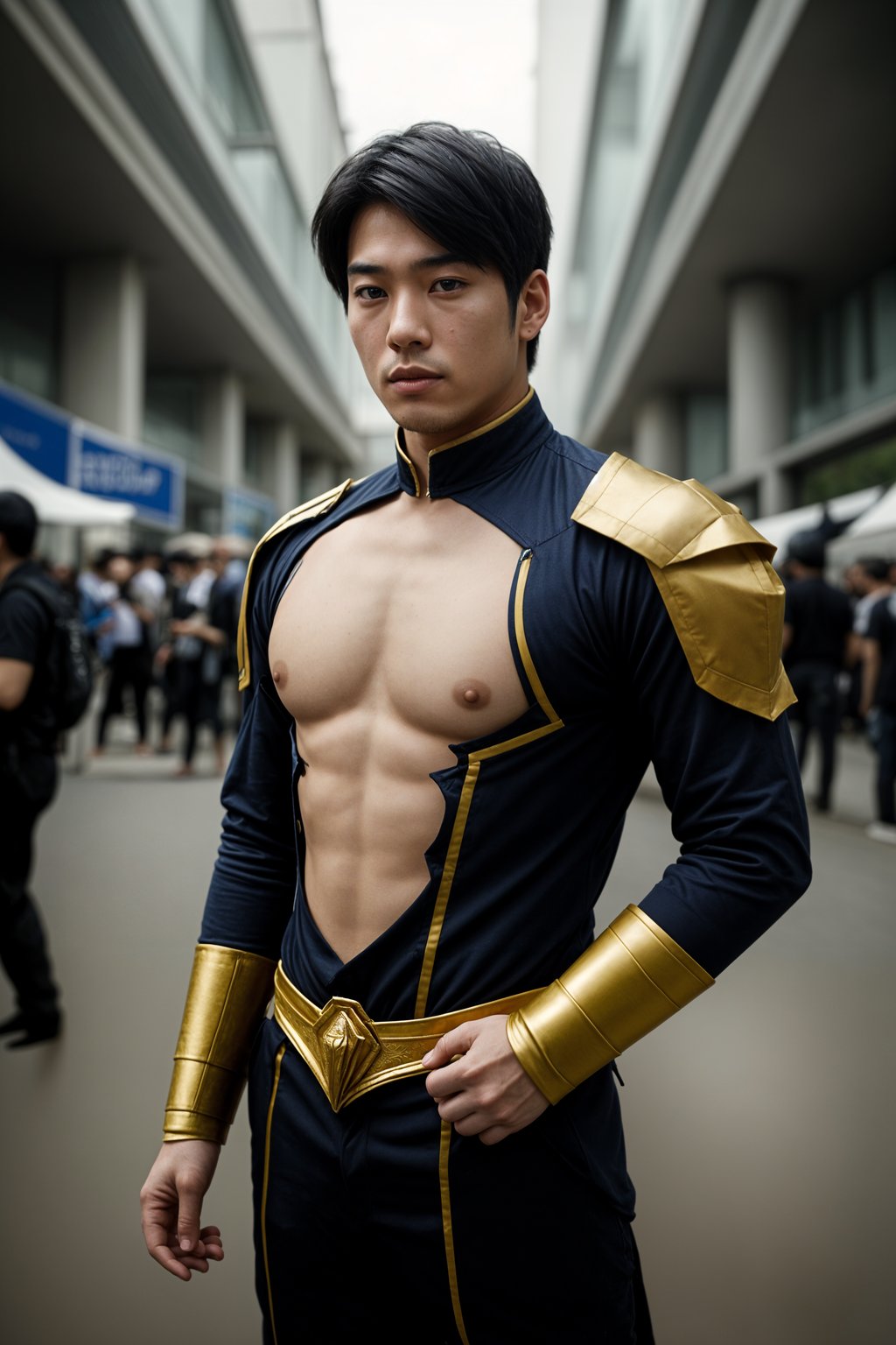 cosplayer man as cosplay convention, outdoors at expo building