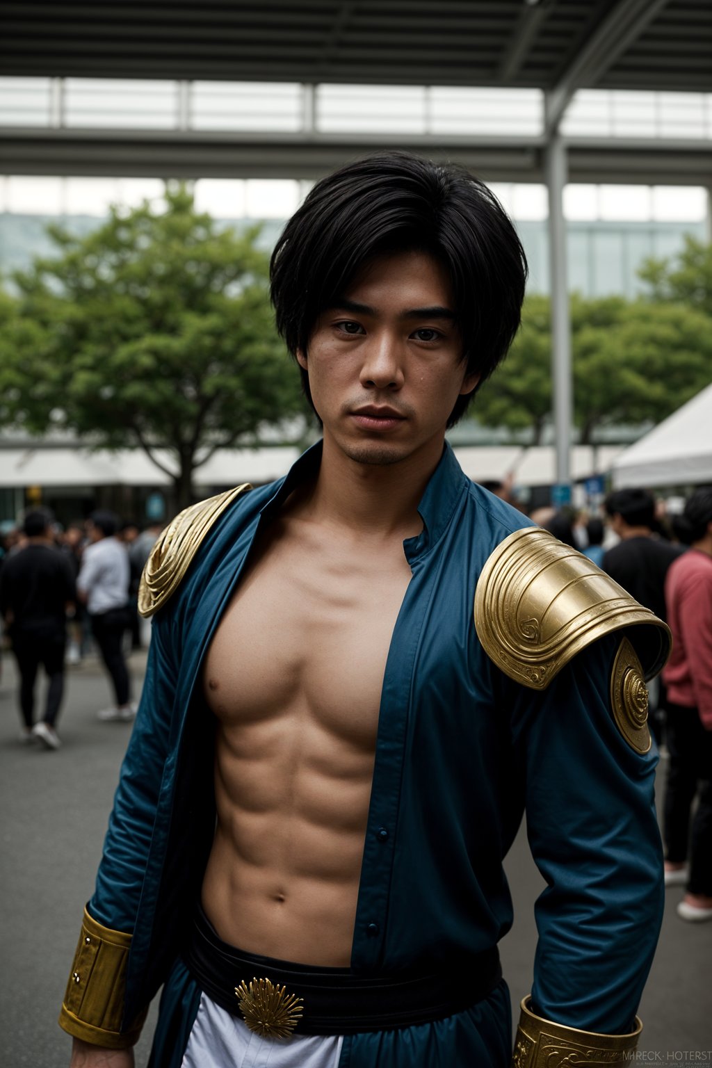 cosplayer man as cosplay convention, outdoors at expo building