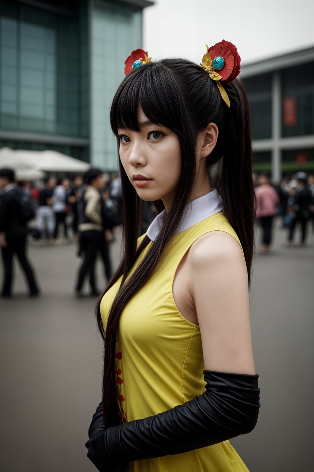 cosplayer woman as cosplay convention, outdoors at expo building