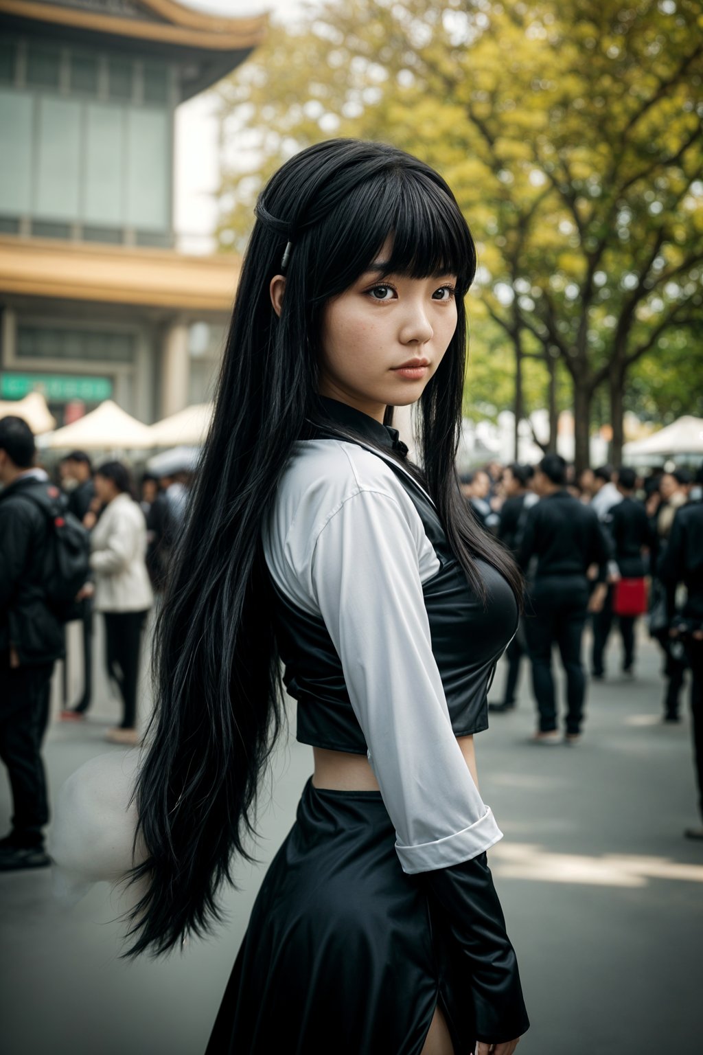 cosplayer woman as cosplay convention, outdoors at expo building