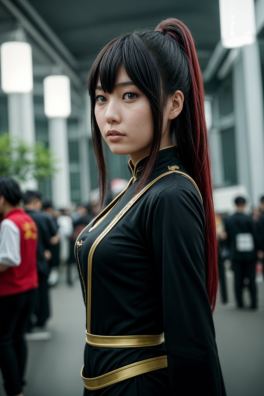 cosplayer woman as cosplay convention, outdoors at expo building