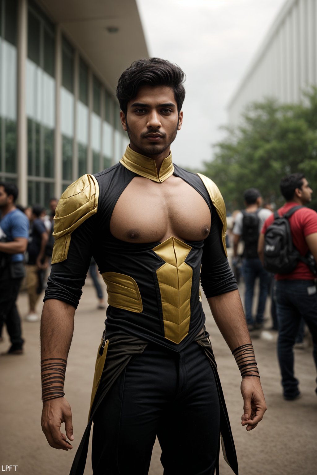 cosplayer man as cosplay convention, outdoors at expo building