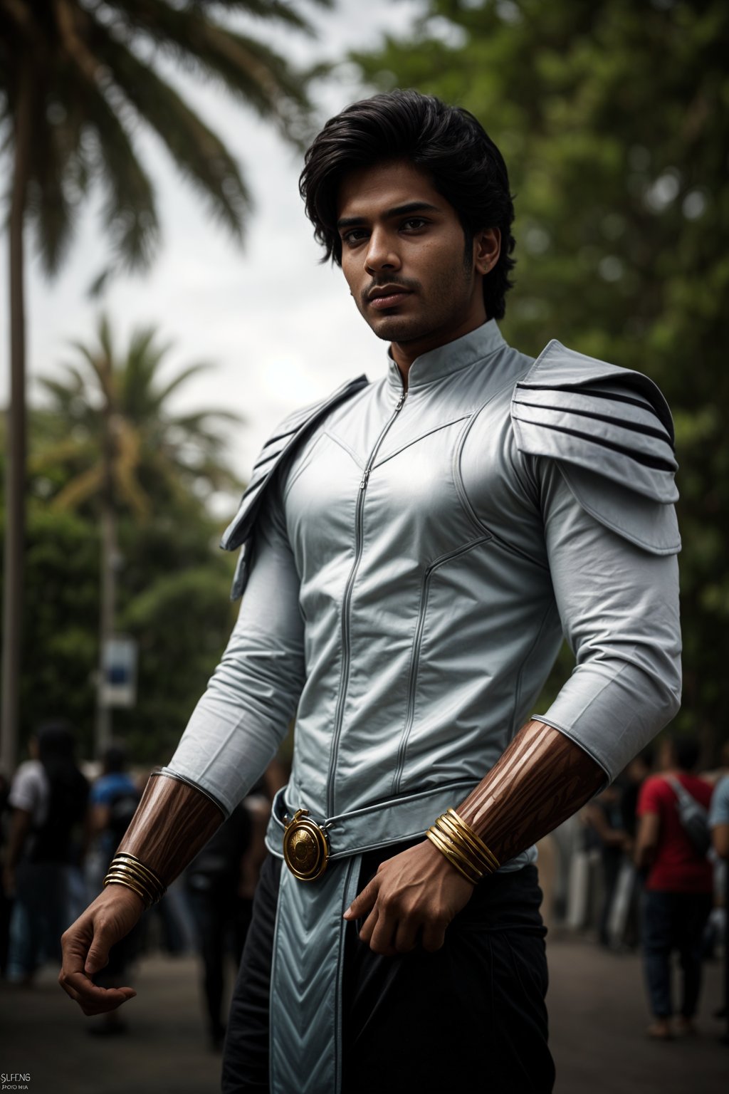 cosplayer man as cosplay convention, outdoors at expo building