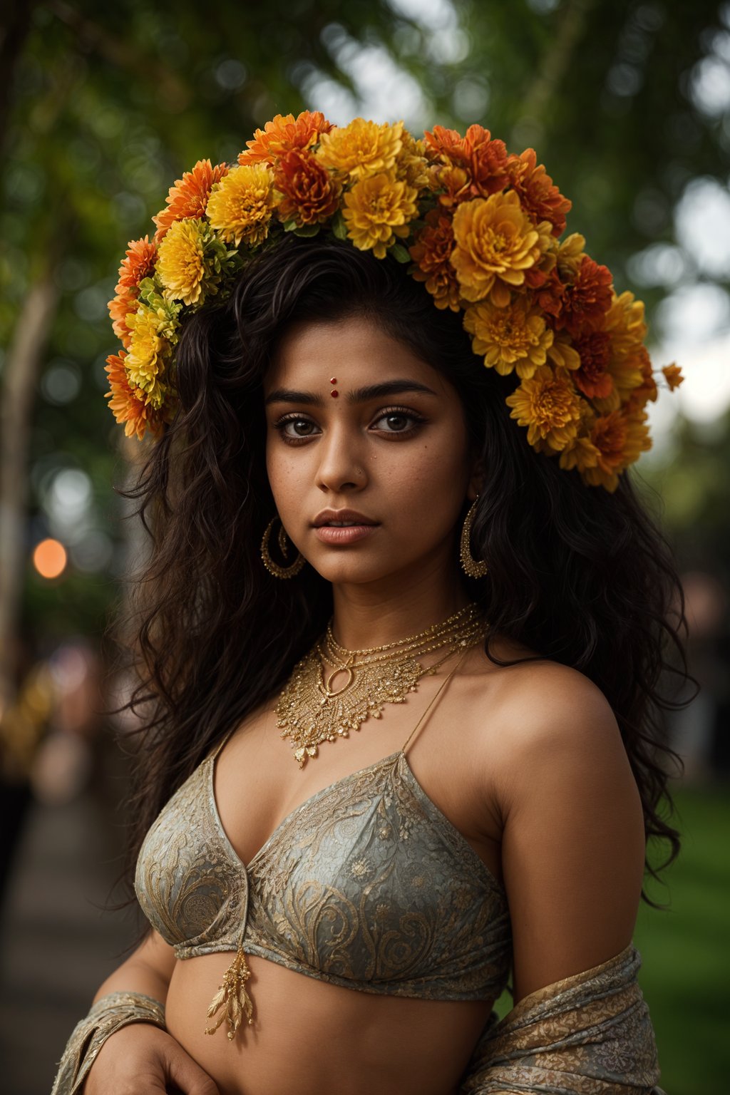 a stunning woman with flowing curly hair and flower accessories , capturing the essence of festival fashion and individuality