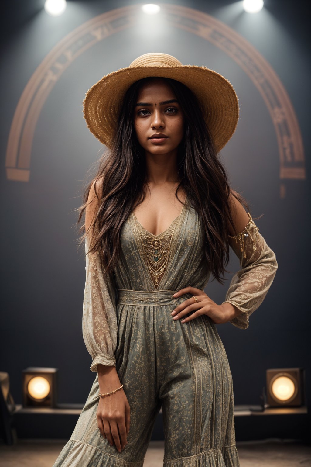 a woman in a bohemian jumpsuit and a wide-brimmed hat , striking a pose in front of a stage backdrop, capturing the excitement of a music festival