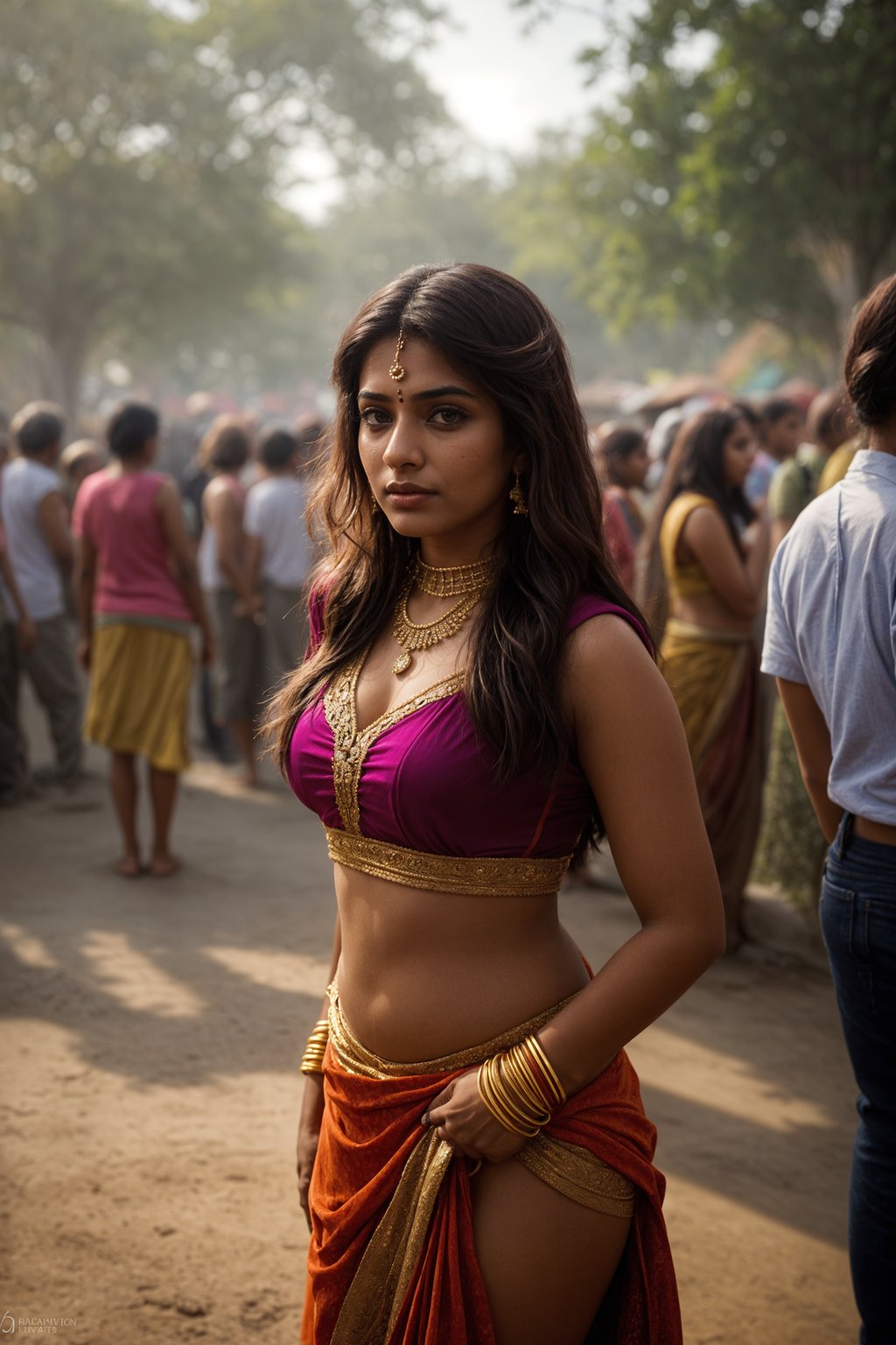 a woman with colorful festival makeup , standing out in the crowd and embracing the festival's vibrant atmosphere