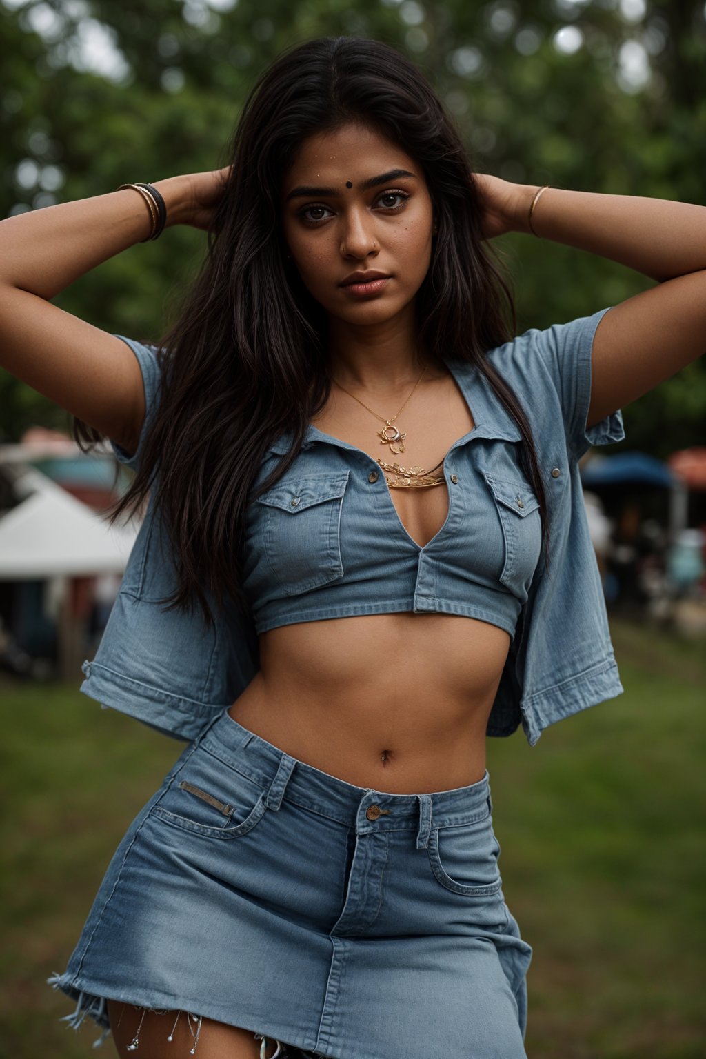 a woman in a crop top and denim skirt with festival patches , embodying the DIY and personalization culture of music festivals