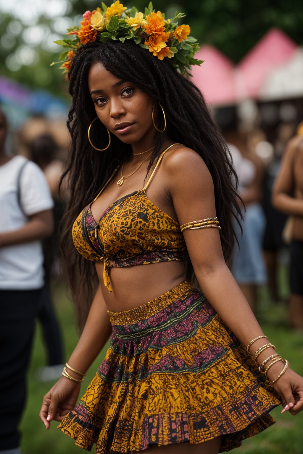 a stunning woman as a festival-goer, dancing and enjoying the music in a vibrant crowd, wearing a boho chic dress and flower crown