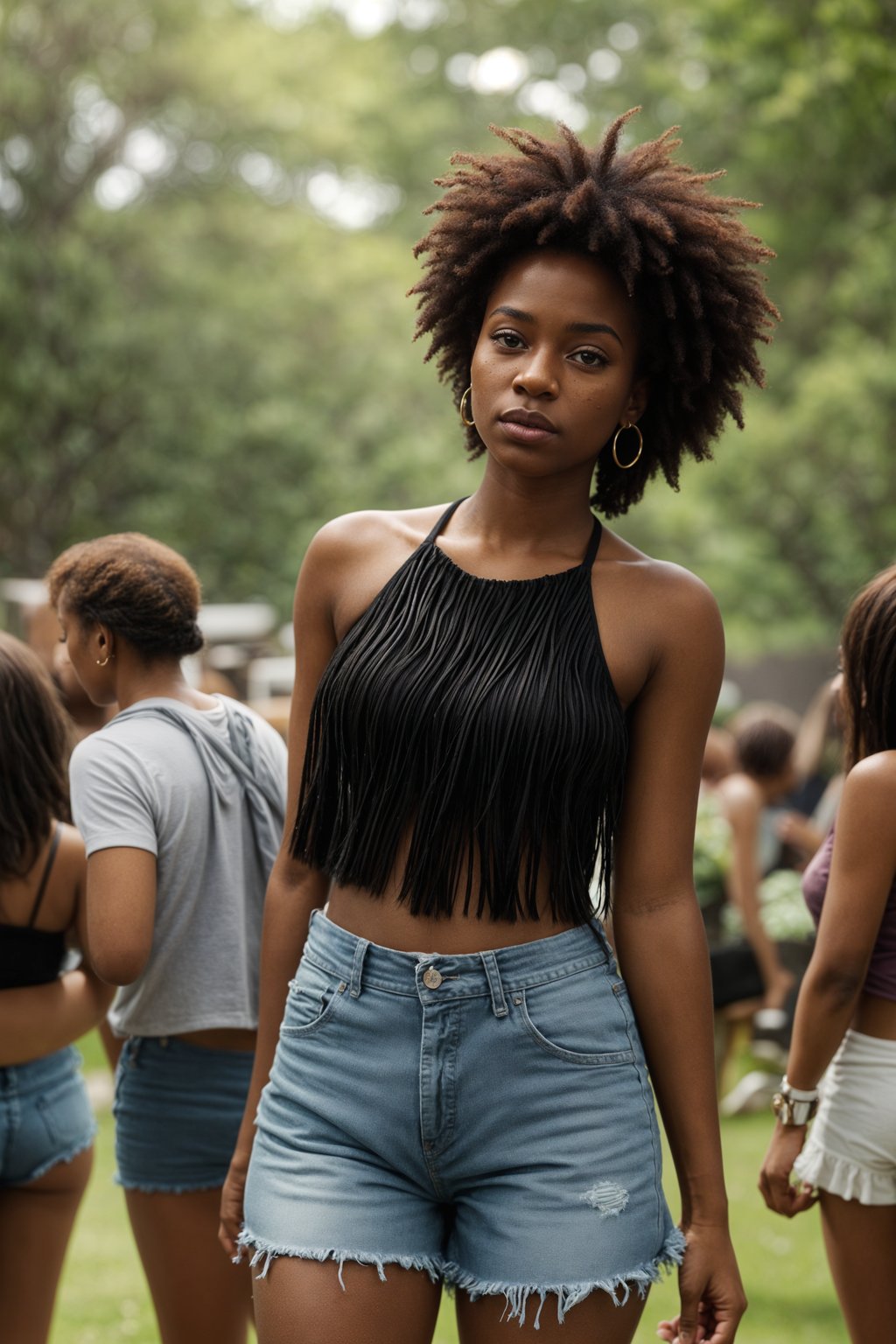 a woman in a fringed crop top and high-waisted shorts , embodying the free-spirited and carefree nature of a music festival