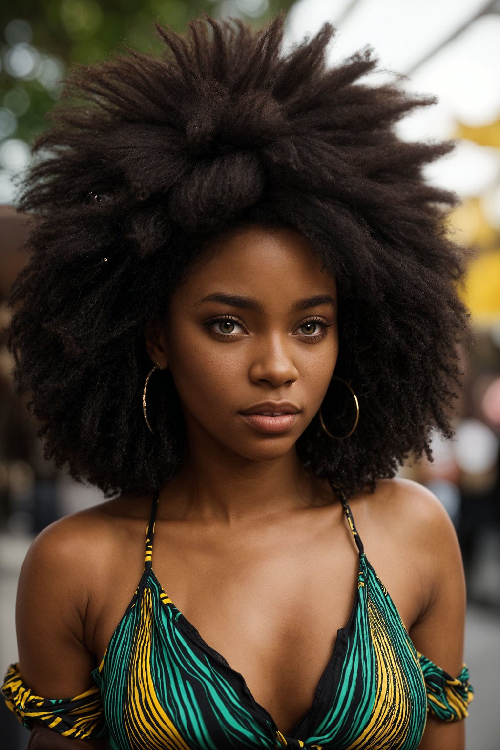 a stunning woman with flowing curly hair and flower accessories , capturing the essence of festival fashion and individuality