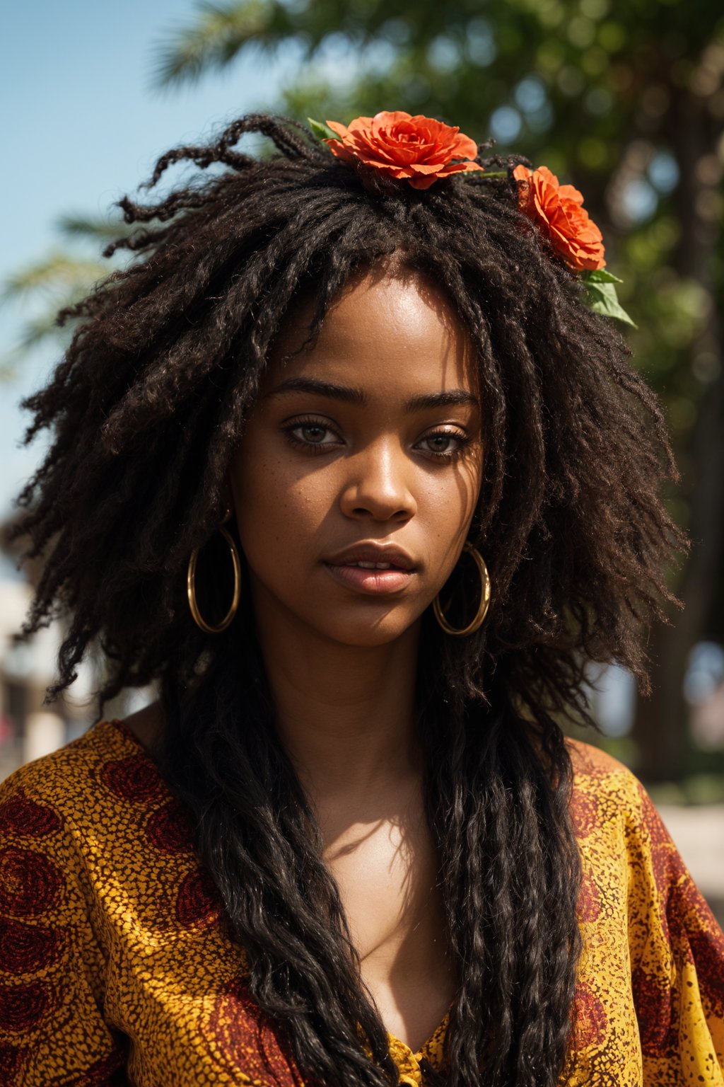 a stunning woman with flowing curly hair and flower accessories , capturing the essence of festival fashion and individuality