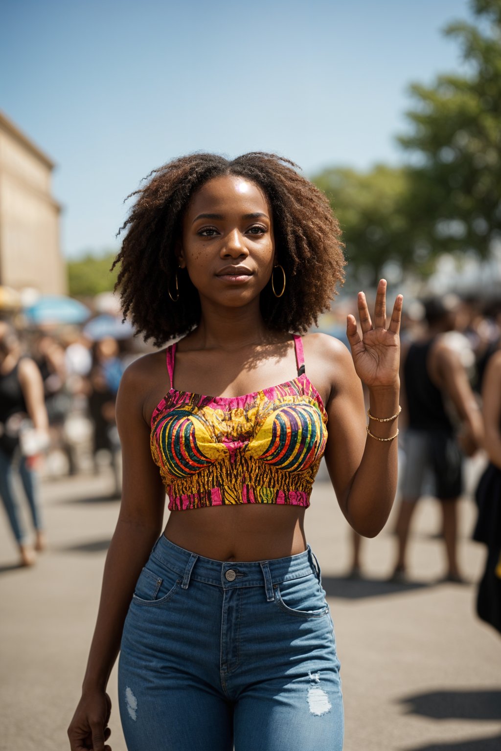 a woman enjoying the live music on a sunny day, surrounded by colorful festival-goers  and raising their hands in excitement