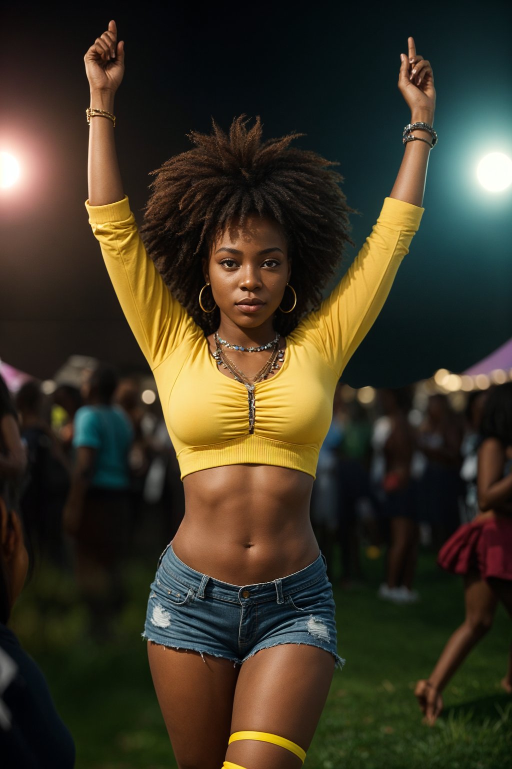 a woman in a festival-inspired outfit, dancing with a group of friends , capturing the energetic and lively atmosphere