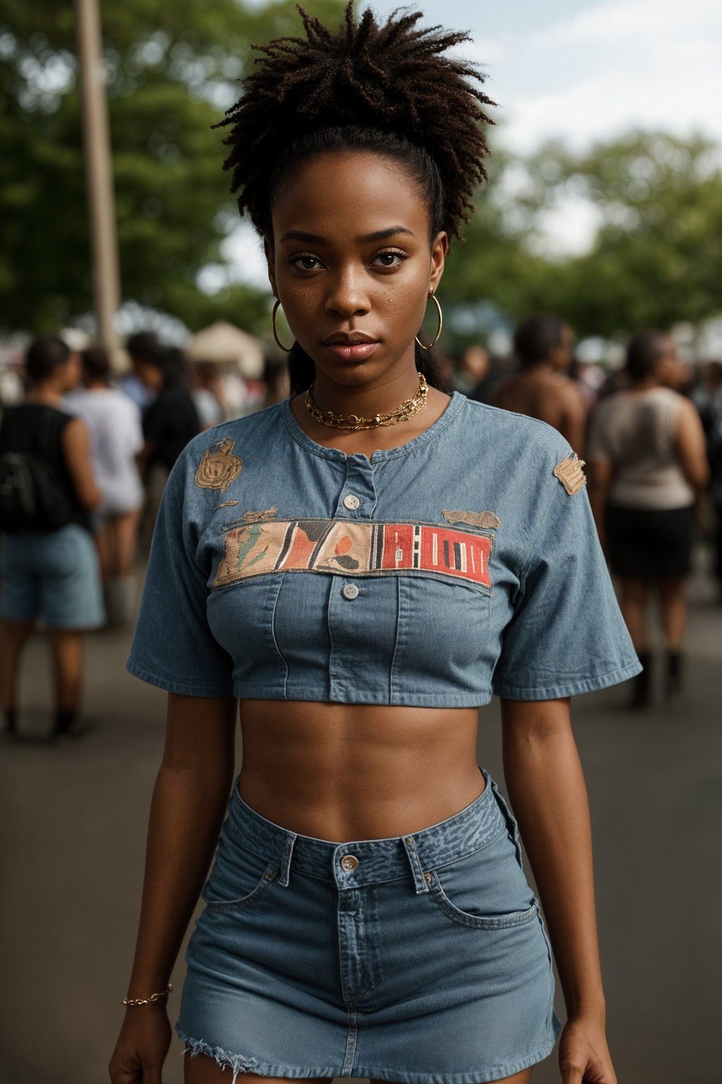 a woman in a crop top and denim skirt with festival patches , embodying the DIY and personalization culture of music festivals