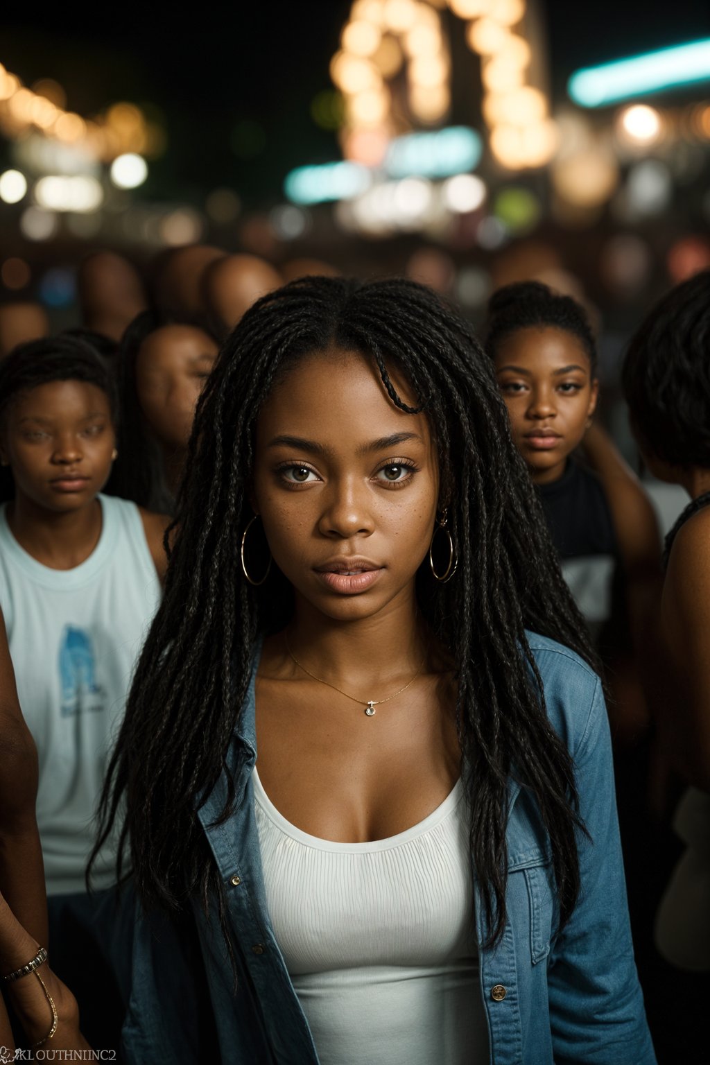 a stunning woman surrounded by a group of friends , capturing the sense of community and celebration at the festival