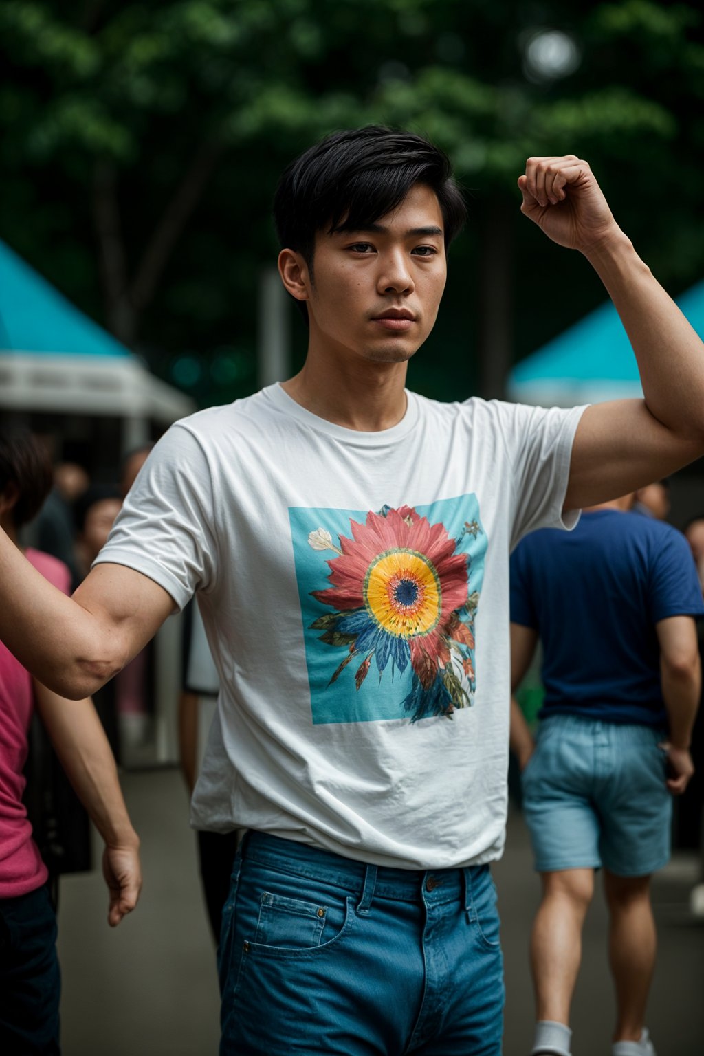 a stunning man as a festival-goer, dancing and enjoying the music in a vibrant crowd, wearing  a colorful graphic t-shirt and denim shorts