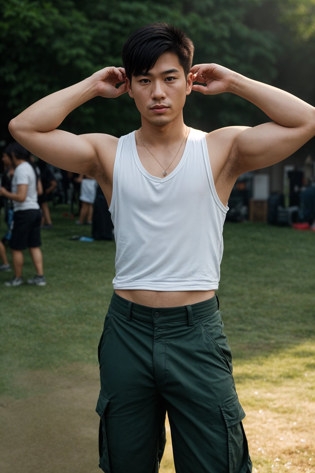 a man in  a sleeveless shirt and cargo pants, embodying the free-spirited and carefree nature of a music festival