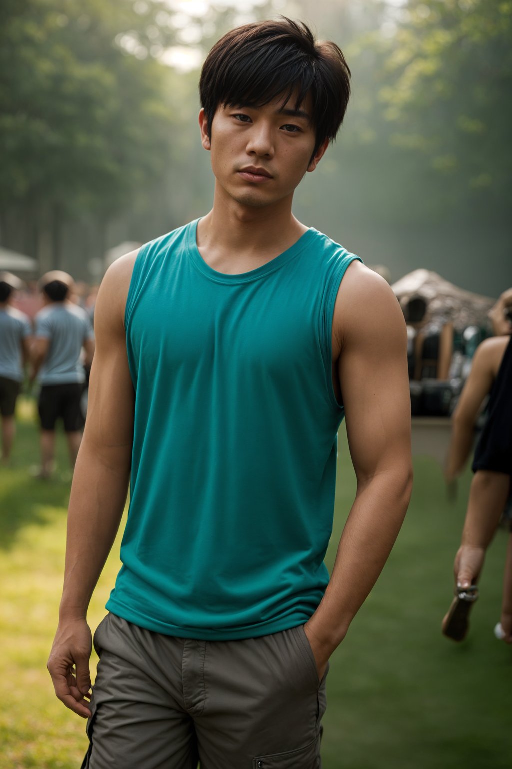 a man in  a sleeveless shirt and cargo pants, embodying the free-spirited and carefree nature of a music festival