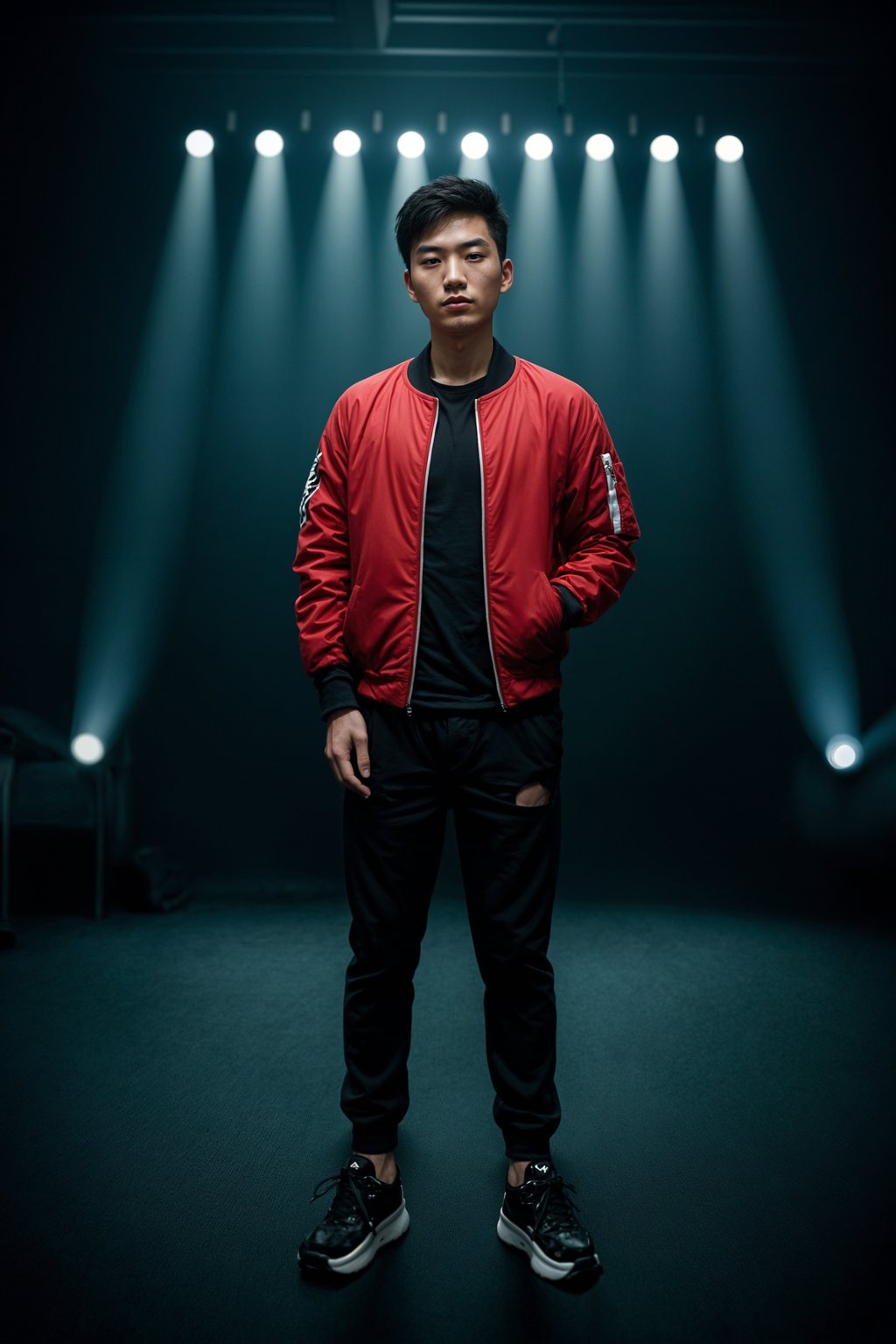 a man in  a cool bomber jacket and sneakers, striking a pose in front of a stage backdrop, capturing the excitement of a music festival