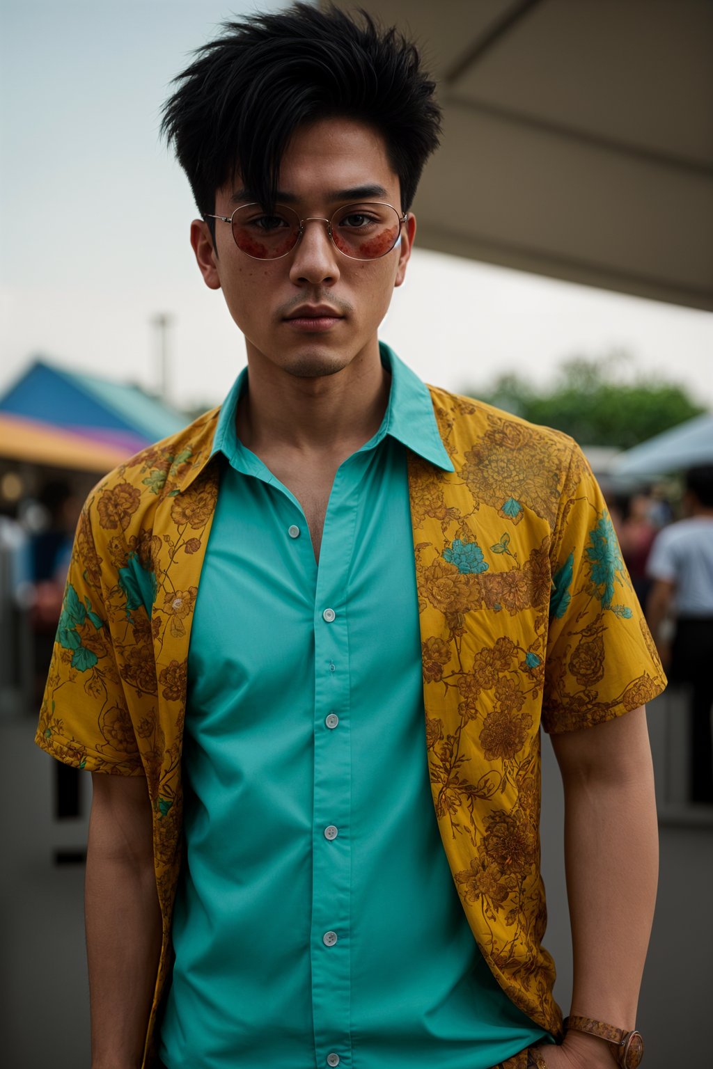 a stunning man in  a vibrant button-up shirt and funky sunglasses, capturing their eclectic and fashionable festival look