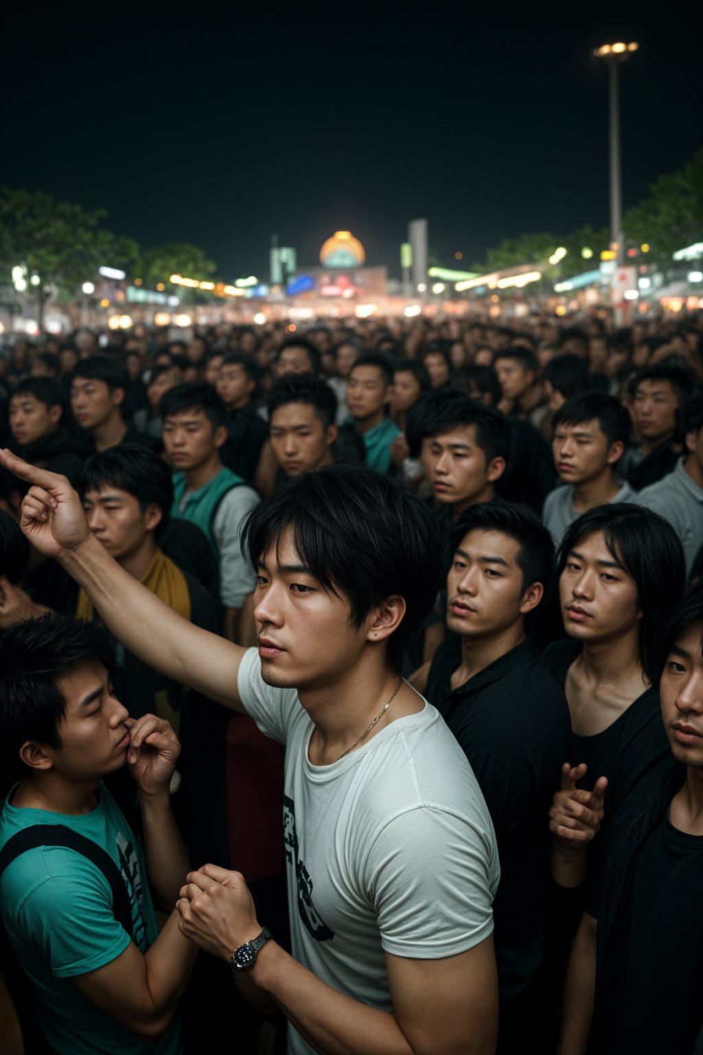 a stunning man surrounded by  a crowd of fellow festival-goers, capturing the sense of community and celebration at the festival