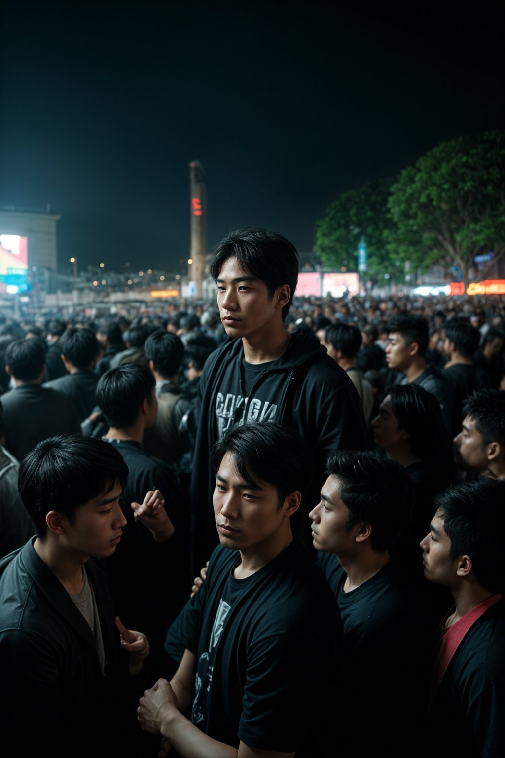 a stunning man surrounded by  a crowd of fellow festival-goers, capturing the sense of community and celebration at the festival