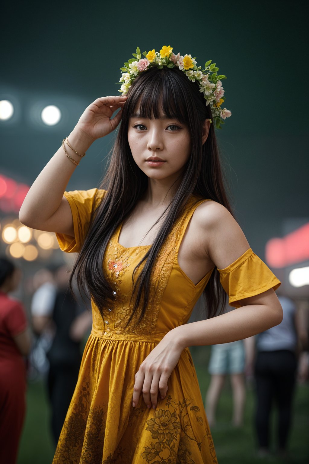 a stunning woman as a festival-goer, dancing and enjoying the music in a vibrant crowd, wearing a boho chic dress and flower crown