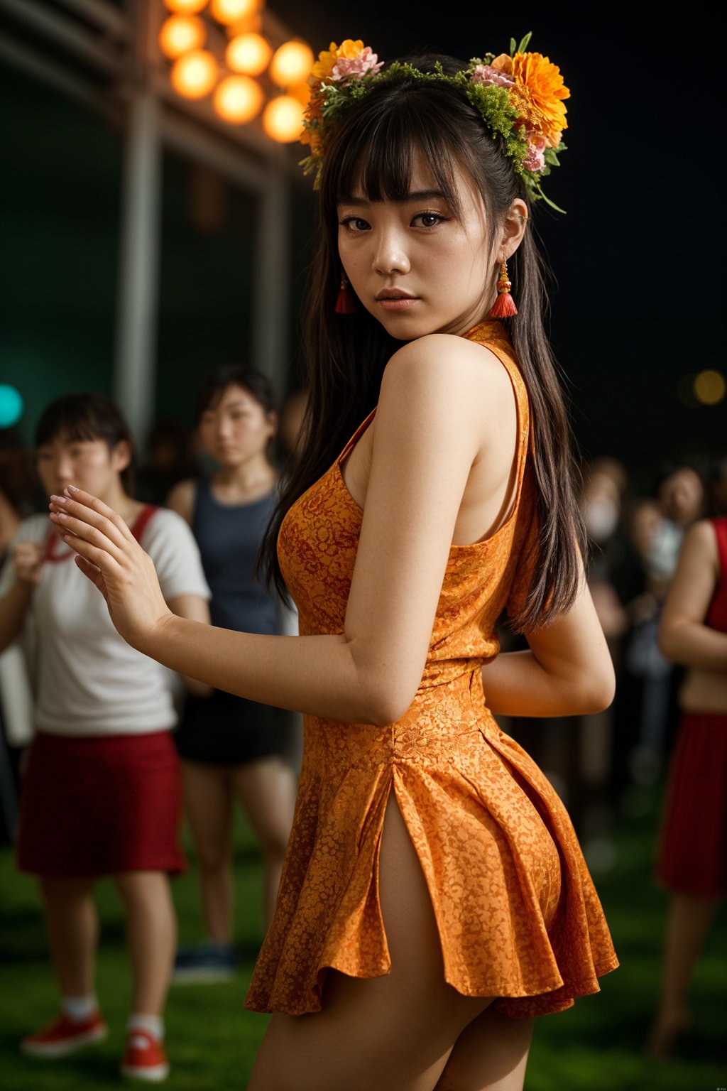 a stunning woman as a festival-goer, dancing and enjoying the music in a vibrant crowd, wearing a boho chic dress and flower crown