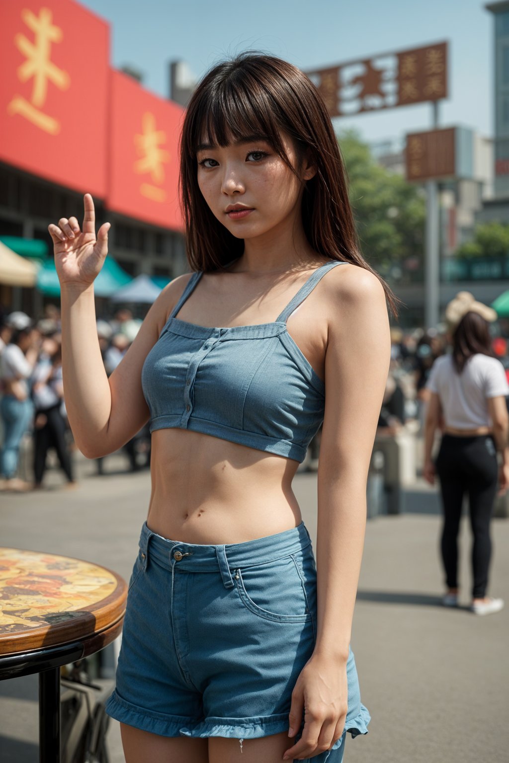 a woman enjoying the live music on a sunny day, surrounded by colorful festival-goers  and raising their hands in excitement