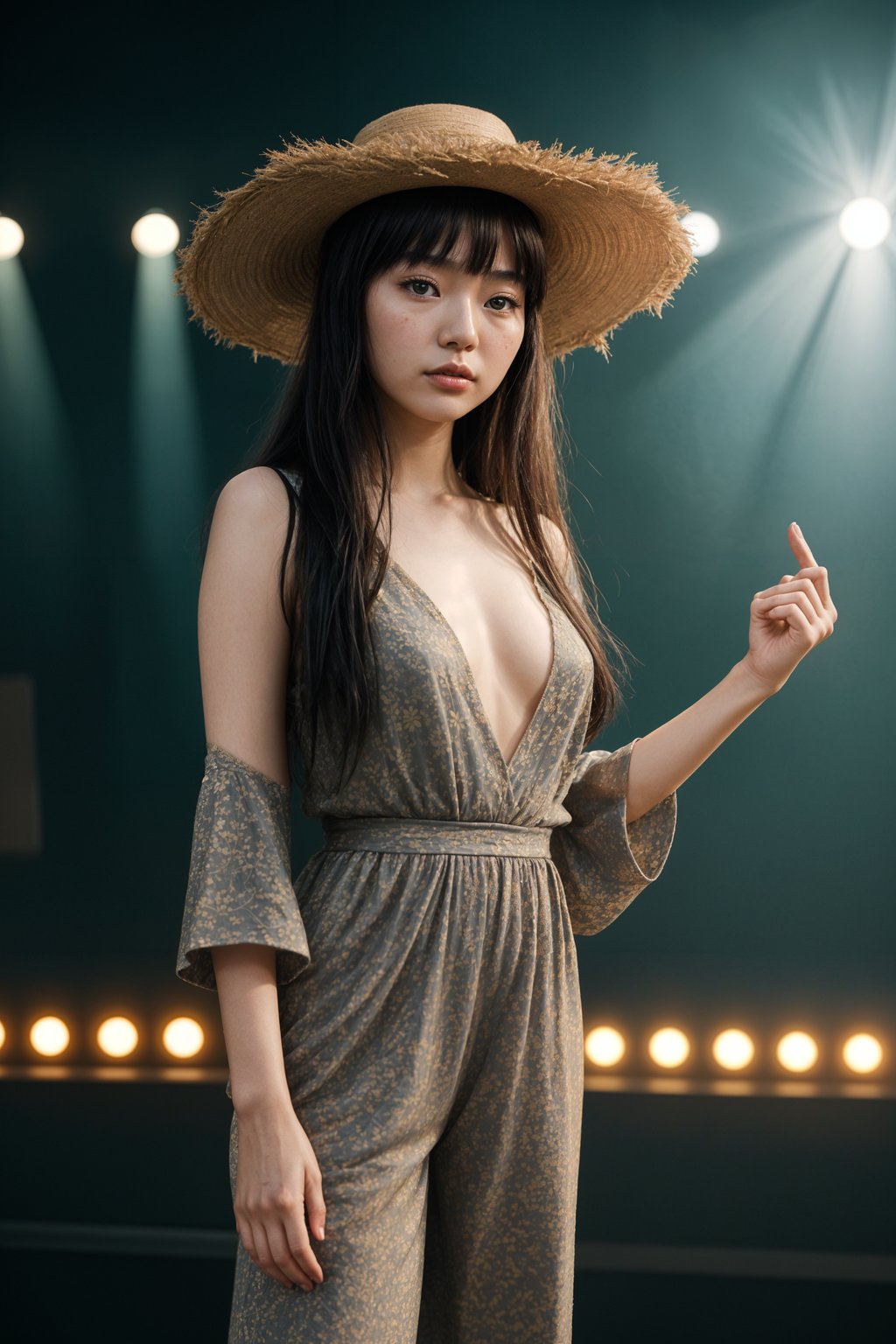 a woman in a bohemian jumpsuit and a wide-brimmed hat , striking a pose in front of a stage backdrop, capturing the excitement of a music festival