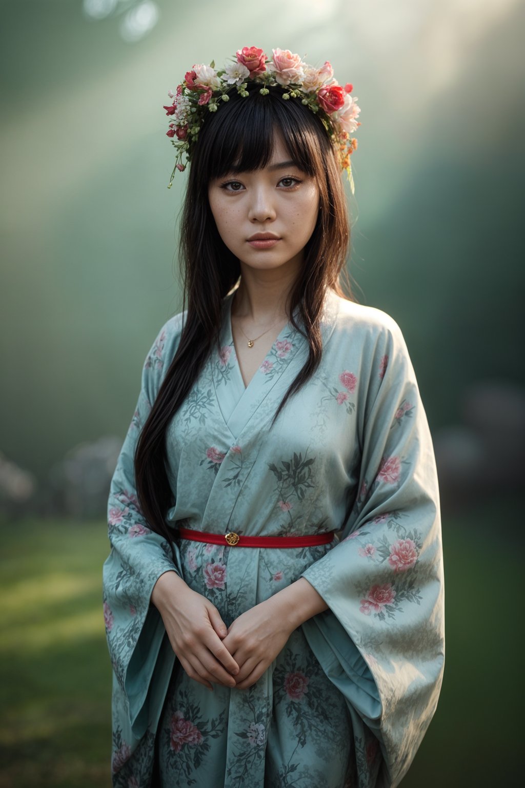 a stunning woman in a flowy kimono and flower crown , embodying the fusion of bohemian and rock n roll styles at the festival