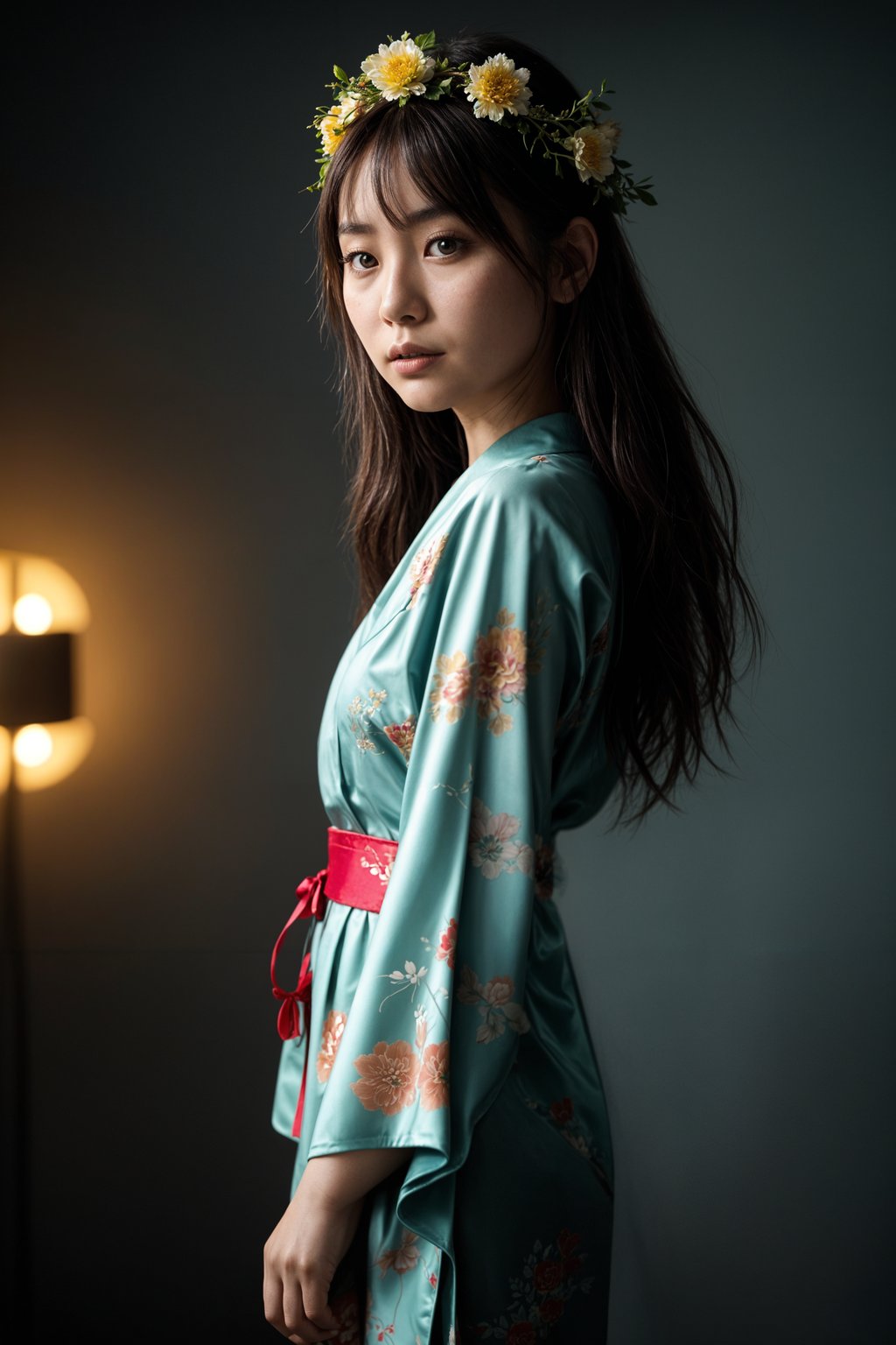 a stunning woman in a flowy kimono and flower crown , embodying the fusion of bohemian and rock n roll styles at the festival