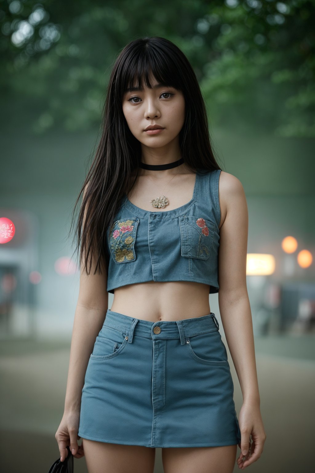 a woman in a crop top and denim skirt with festival patches , embodying the DIY and personalization culture of music festivals