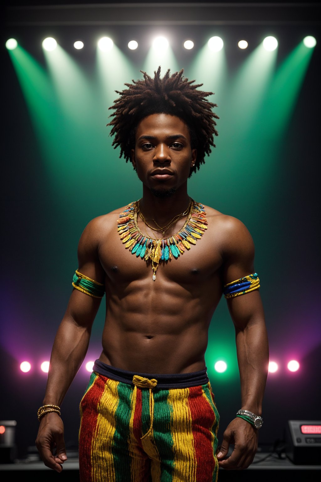 an incredibly attractive man in a festival outfit, embracing the festival vibes and posing against a backdrop of colorful stage lights and decorations