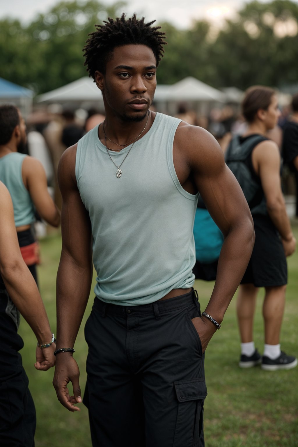 a man in  a sleeveless shirt and cargo pants, embodying the free-spirited and carefree nature of a music festival