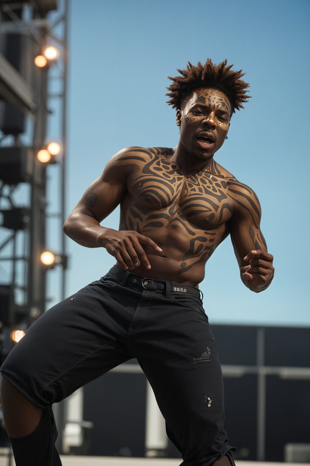 a man enjoying a live performance on a sunny day, with  a bold face paint design, radiating the joy and excitement of the festival