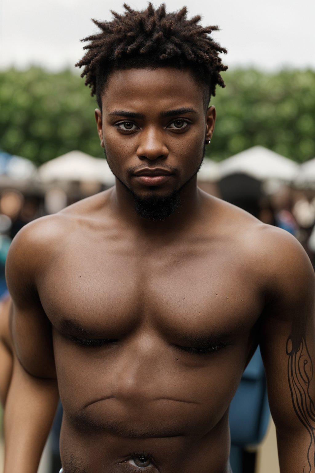 a man with  bold face and body art, capturing the artistic and expressive side of the music festival experience