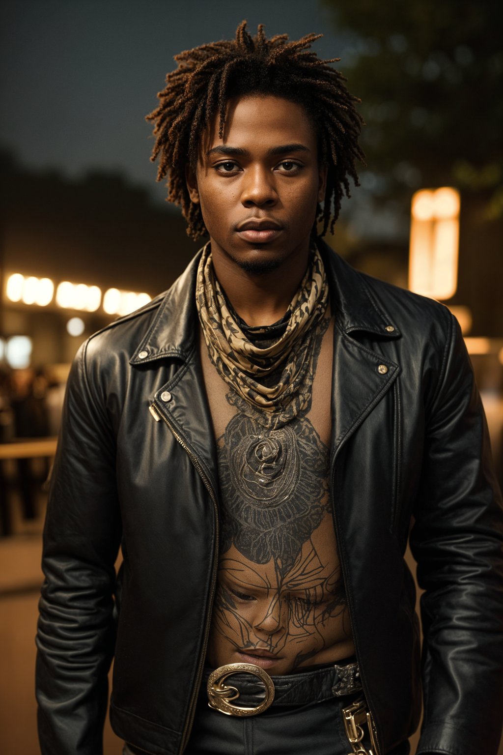 a stunning man in  a leather jacket and bandana, embodying the fusion of bohemian and rock n roll styles at the festival