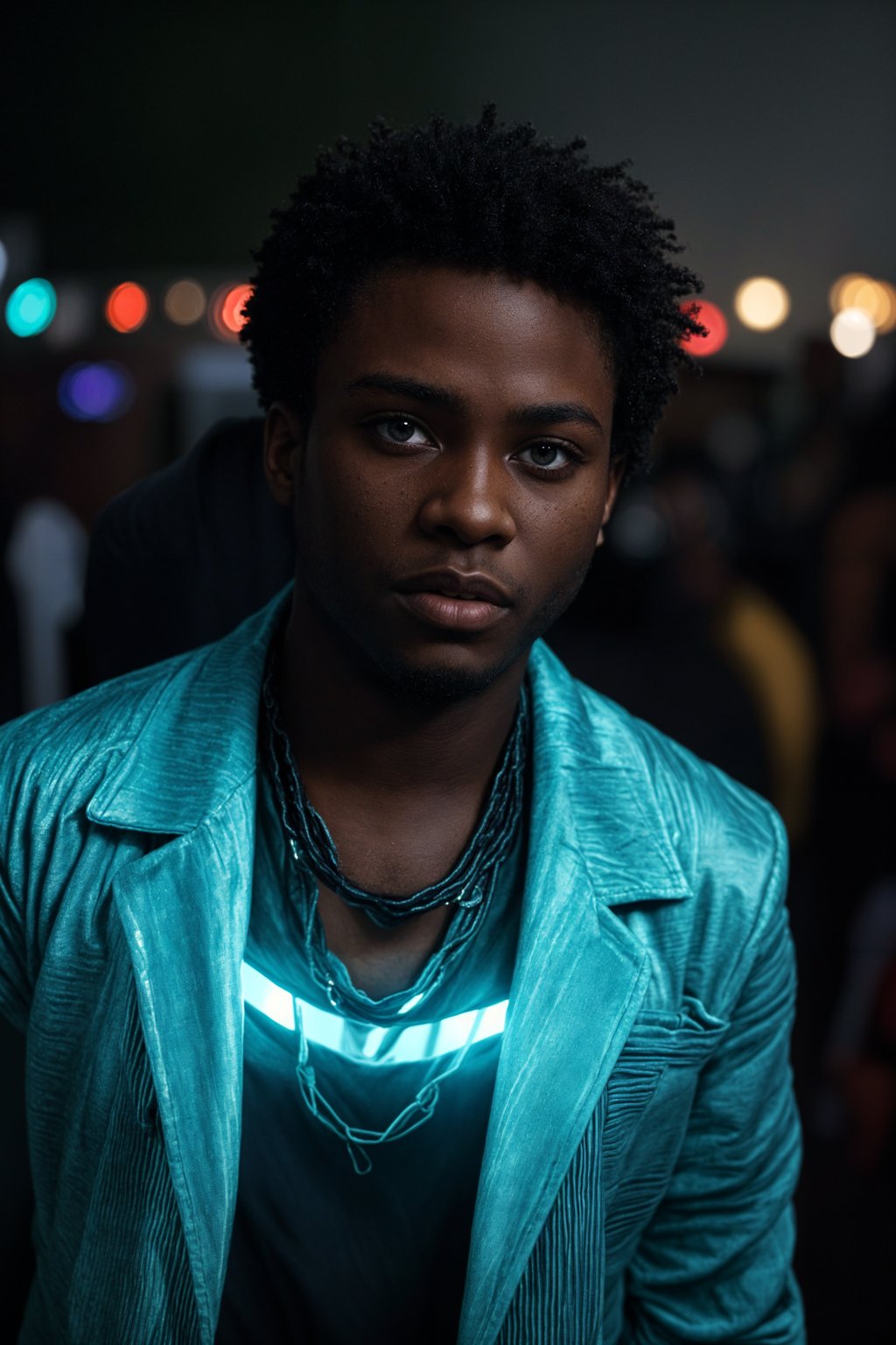 a man with  glowing LED accessories, standing out in the crowd and embracing the festival's vibrant atmosphere