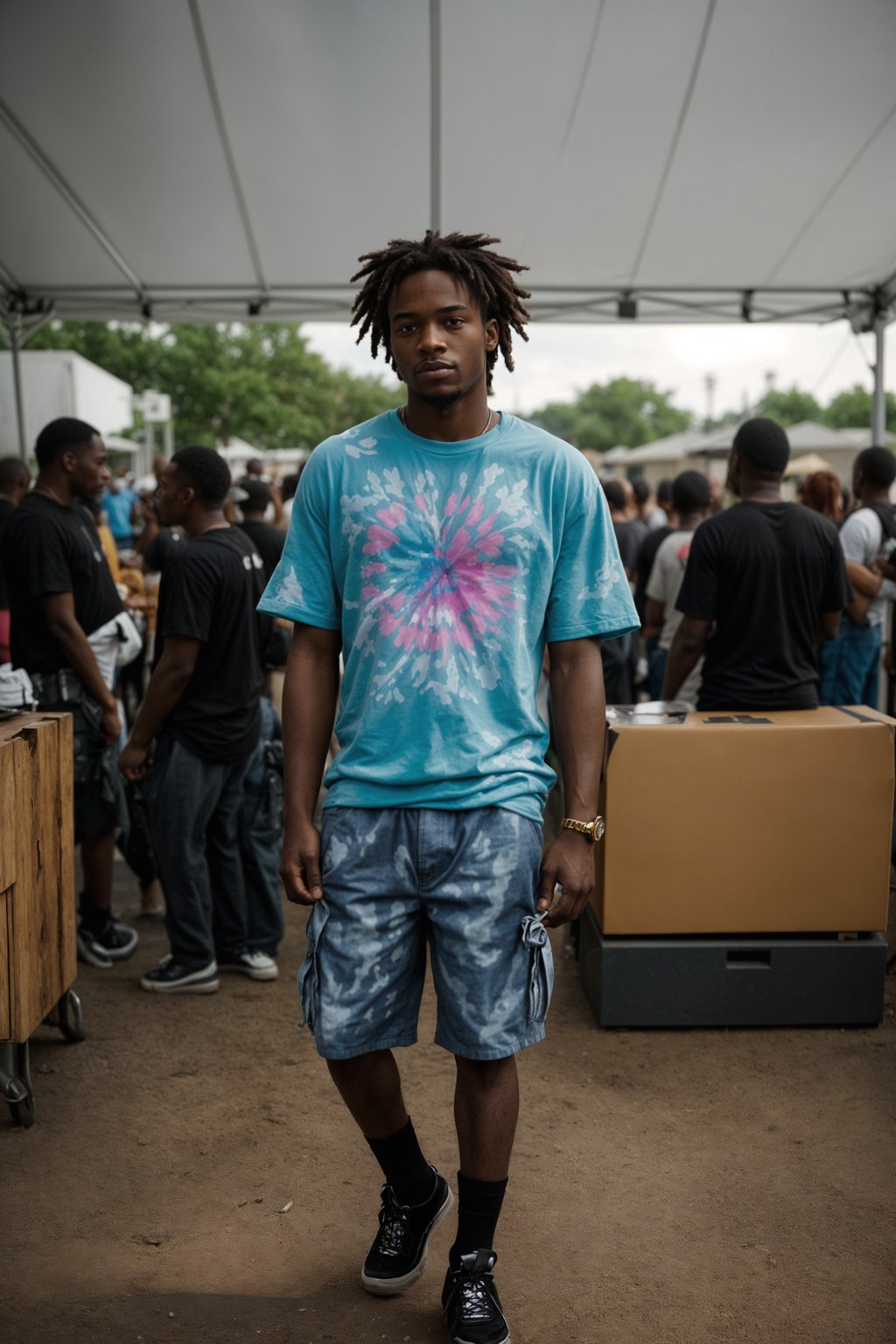 a man in  a tie-dye t-shirt and cargo shorts, embodying the DIY and personalization culture of music festivals