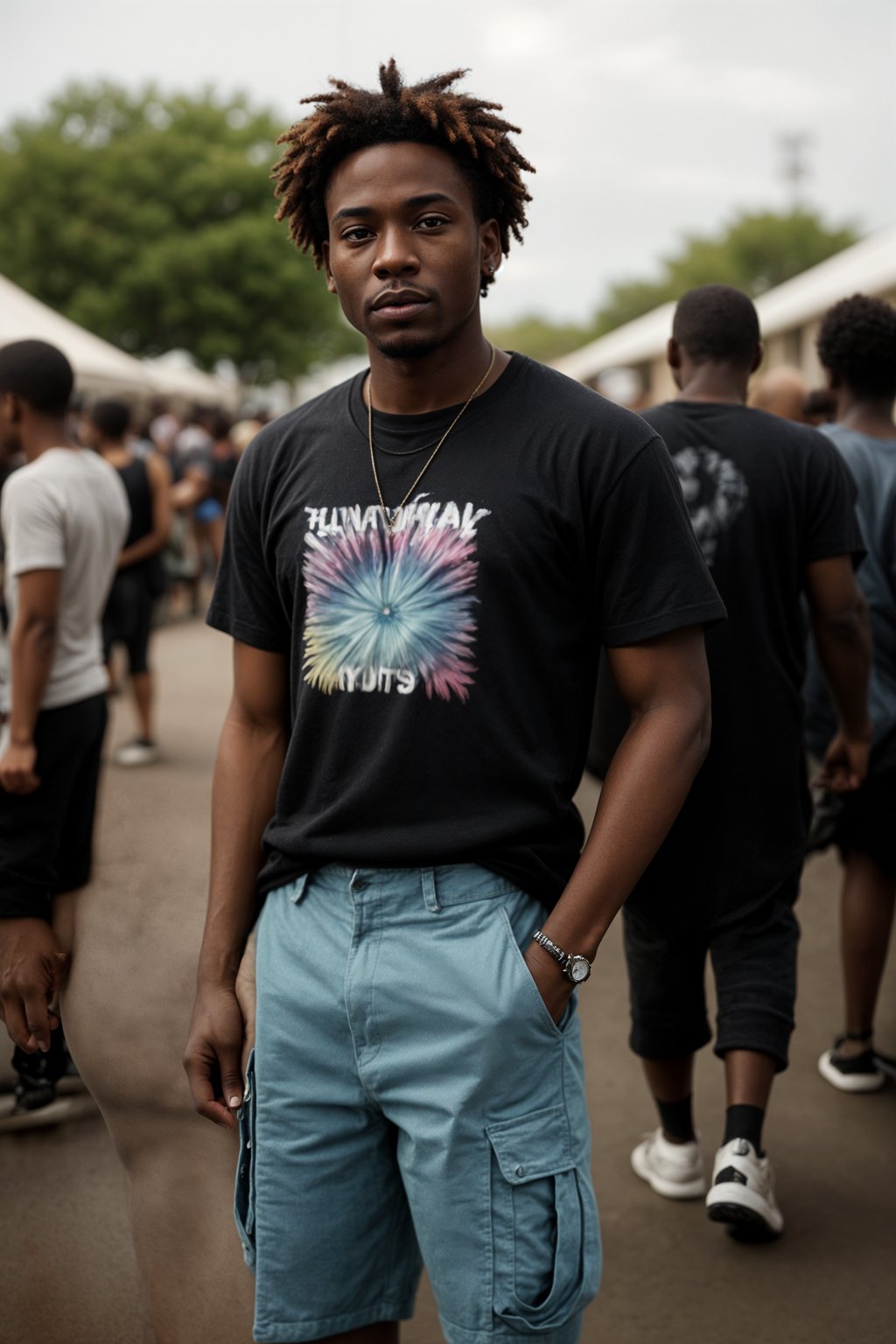 a man in  a tie-dye t-shirt and cargo shorts, embodying the DIY and personalization culture of music festivals